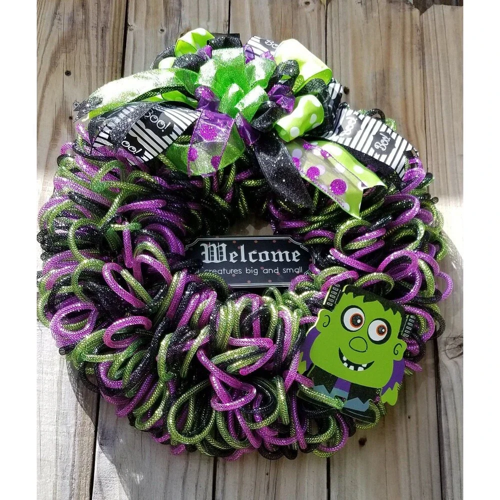 Halloween Monster Mash Bubble Tube Mesh Welcome Wreath front Door Decor